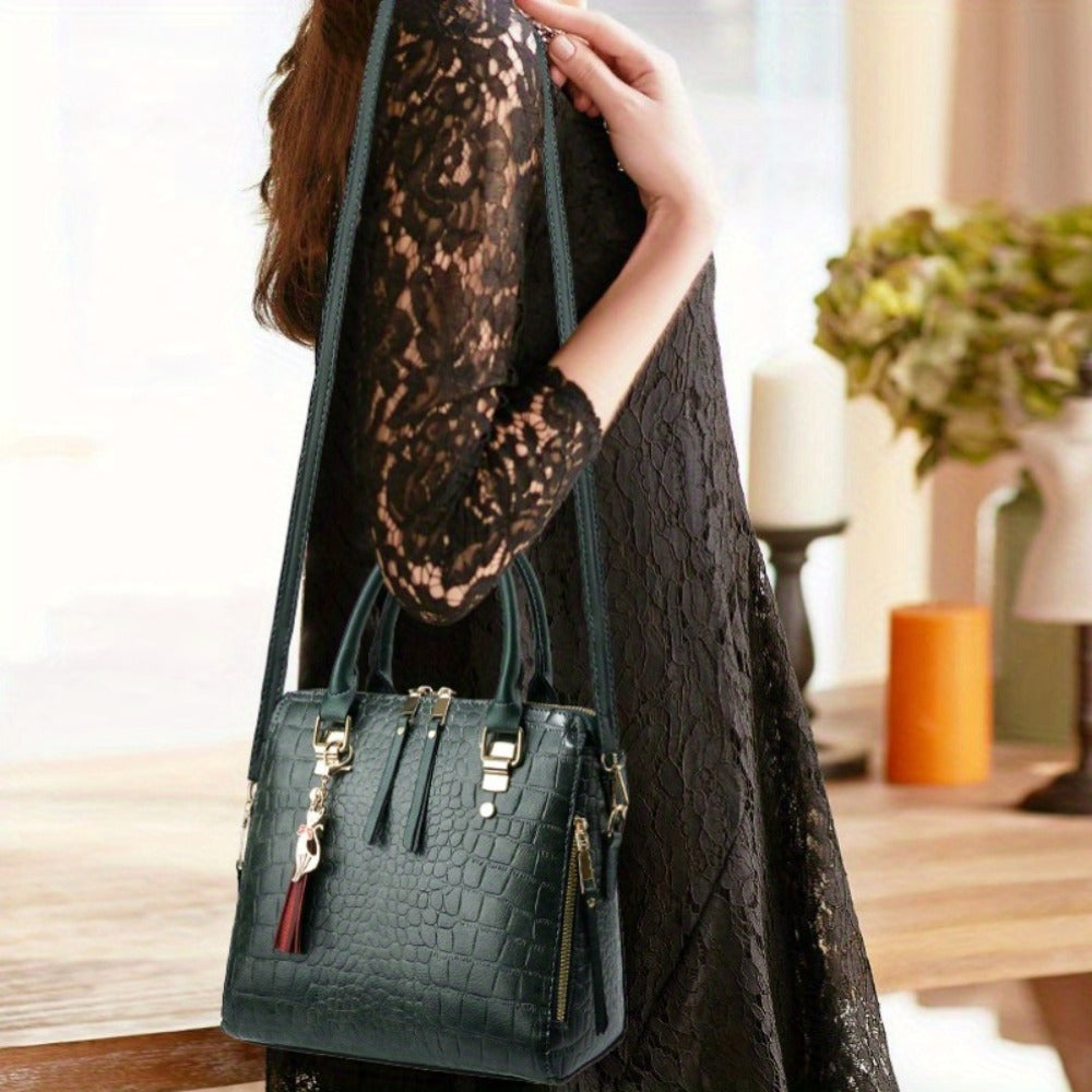 Fashion Crocodile Pattern Women's Handbag 2pcs Set, Women's Shoulder Bag with Tassel Decoration, Metal Cat Pendant Crossbody Bag