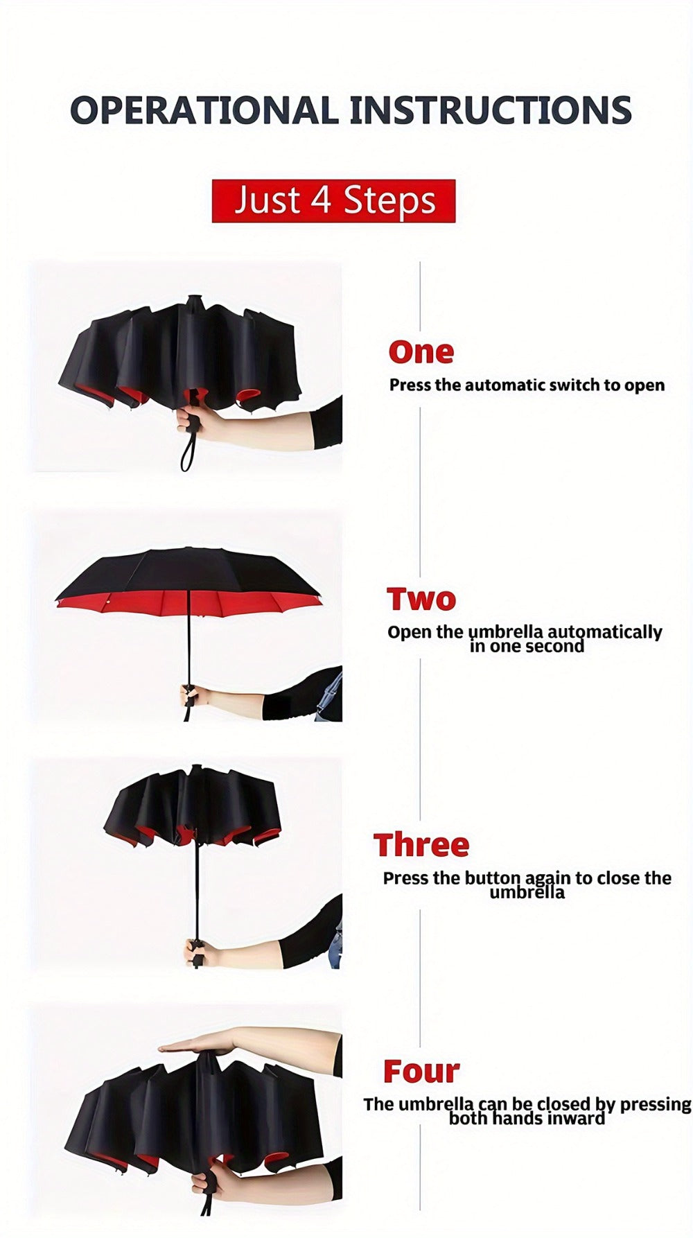 Large And Sturdy 10-Rib Design Black And Red Windproof Gear Shift Sunshade Umbrella, Automatic Folding And Opening Umbrella