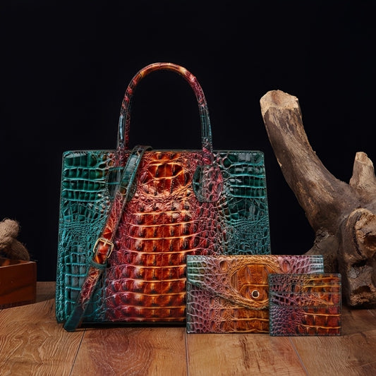 3pcs Colorful Crocodile Pattern Bag Set, Gradient Color Handbag, Women Tote Bag with Clutch Wallet And Credit Card Holder Coin Purse