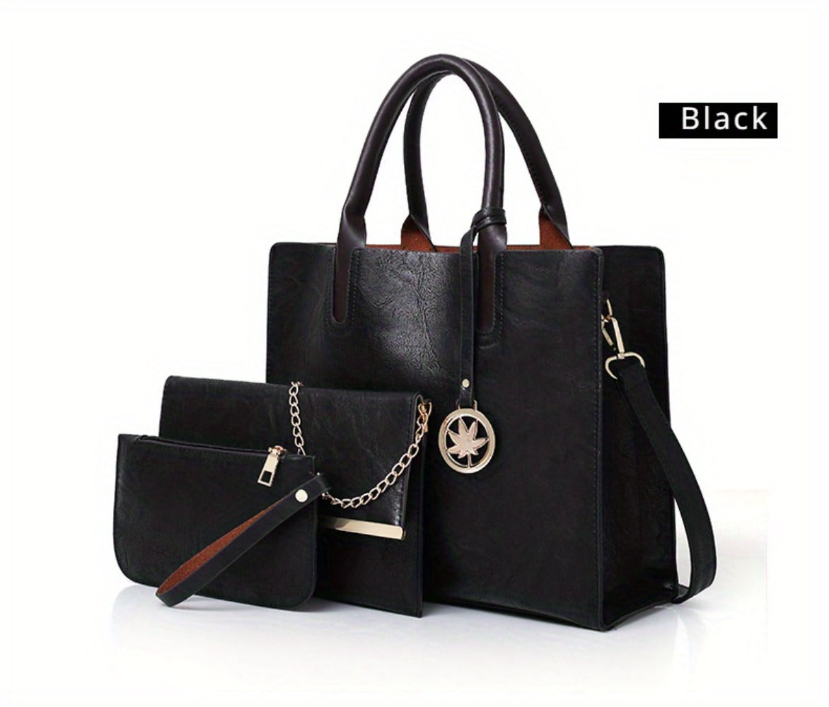 Set of 3 Vintage-Inspired Women'S Bags - Includes a Tote with Chain, a Crossbody Bag, And a Coin Purse
