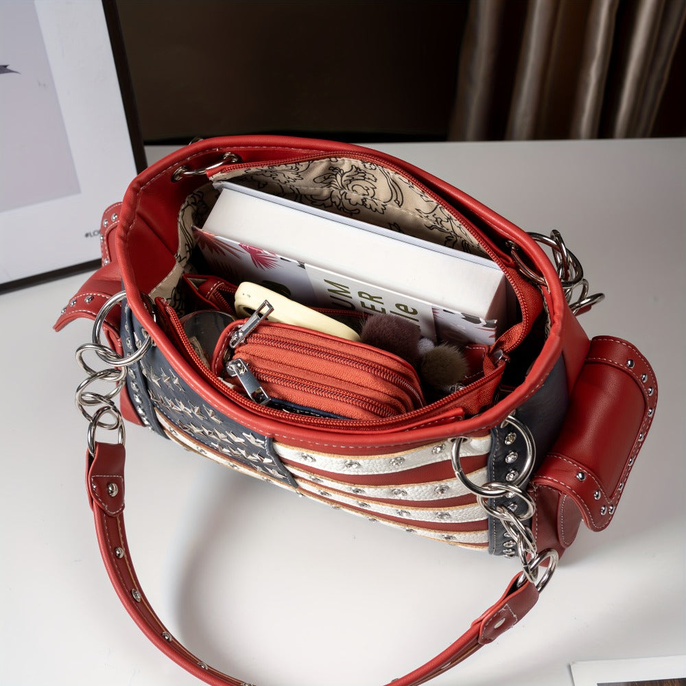 American Flag USA Stars And Stripes Patriotic Faux Leather Purse Women Rhinestone Country Handbag Wallet Set Red White And Blue