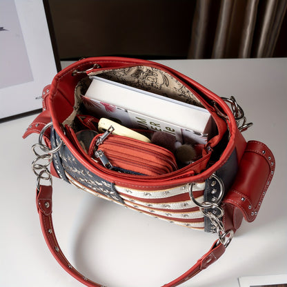 American Flag USA Stars And Stripes Patriotic Faux Leather Purse Women Rhinestone Country Handbag Wallet Set Red White And Blue