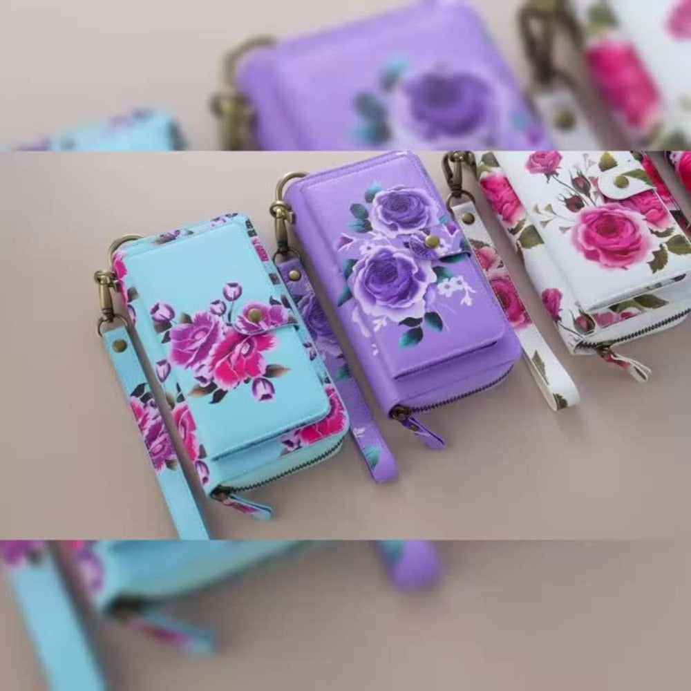 1 Stylish Purple Floral Faux Leather Zipper Wallet – Large Capacity Handbag with Phone Compartment, Multiple Card Slots & Coin Purse Design, Elegant Rose Pattern, Delicate Texture – Perfect Gift for Teens