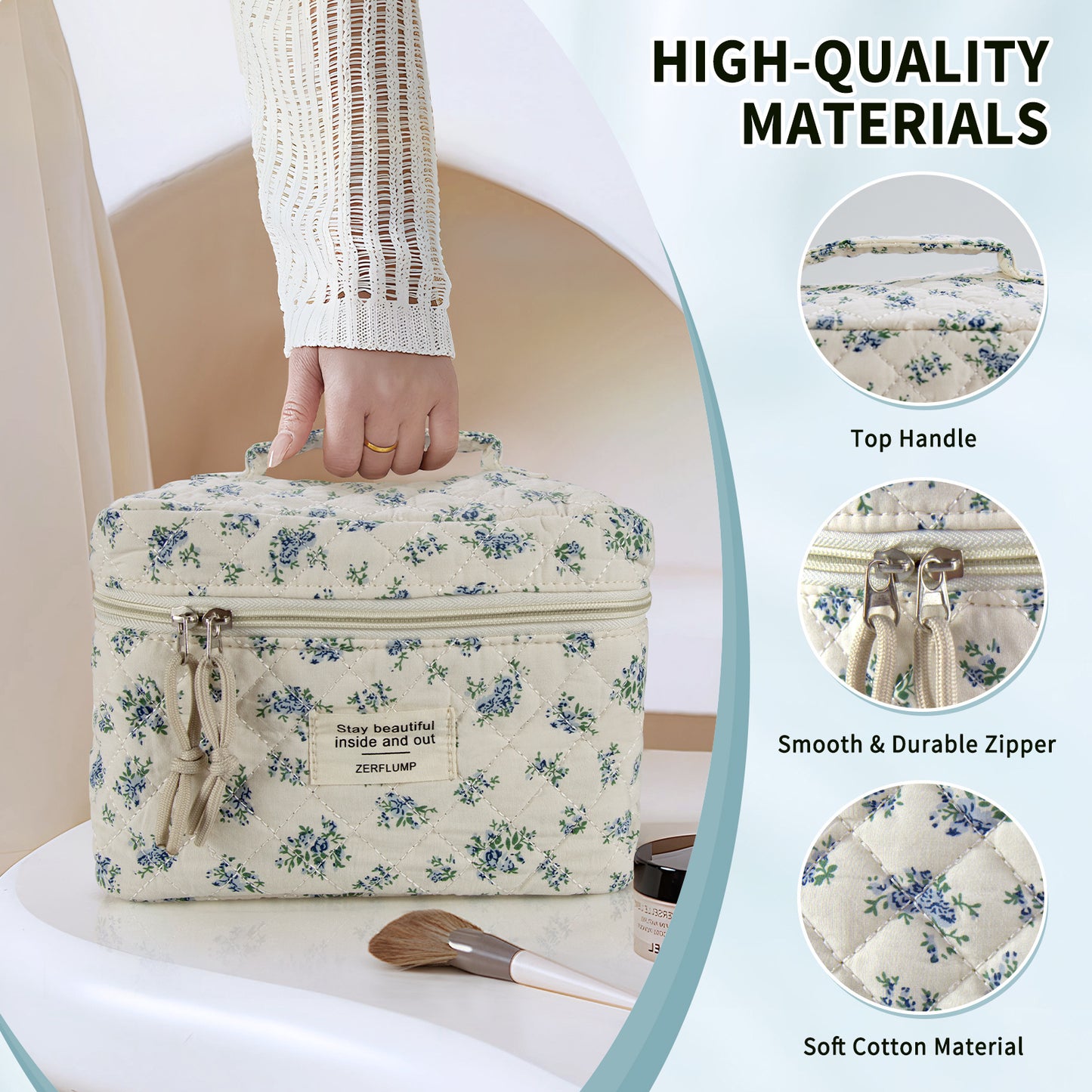 Cute Quilted Floral Makeup Bag (3Pcs)Coquette Aesthetic Cosmetic BagTravel Toiletry Bags Kawaii Aesthetic pouch for Women