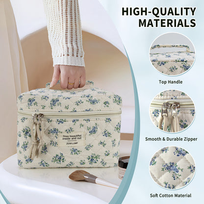 Cute Quilted Floral Makeup Bag (3Pcs)Coquette Aesthetic Cosmetic BagTravel Toiletry Bags Kawaii Aesthetic pouch for Women