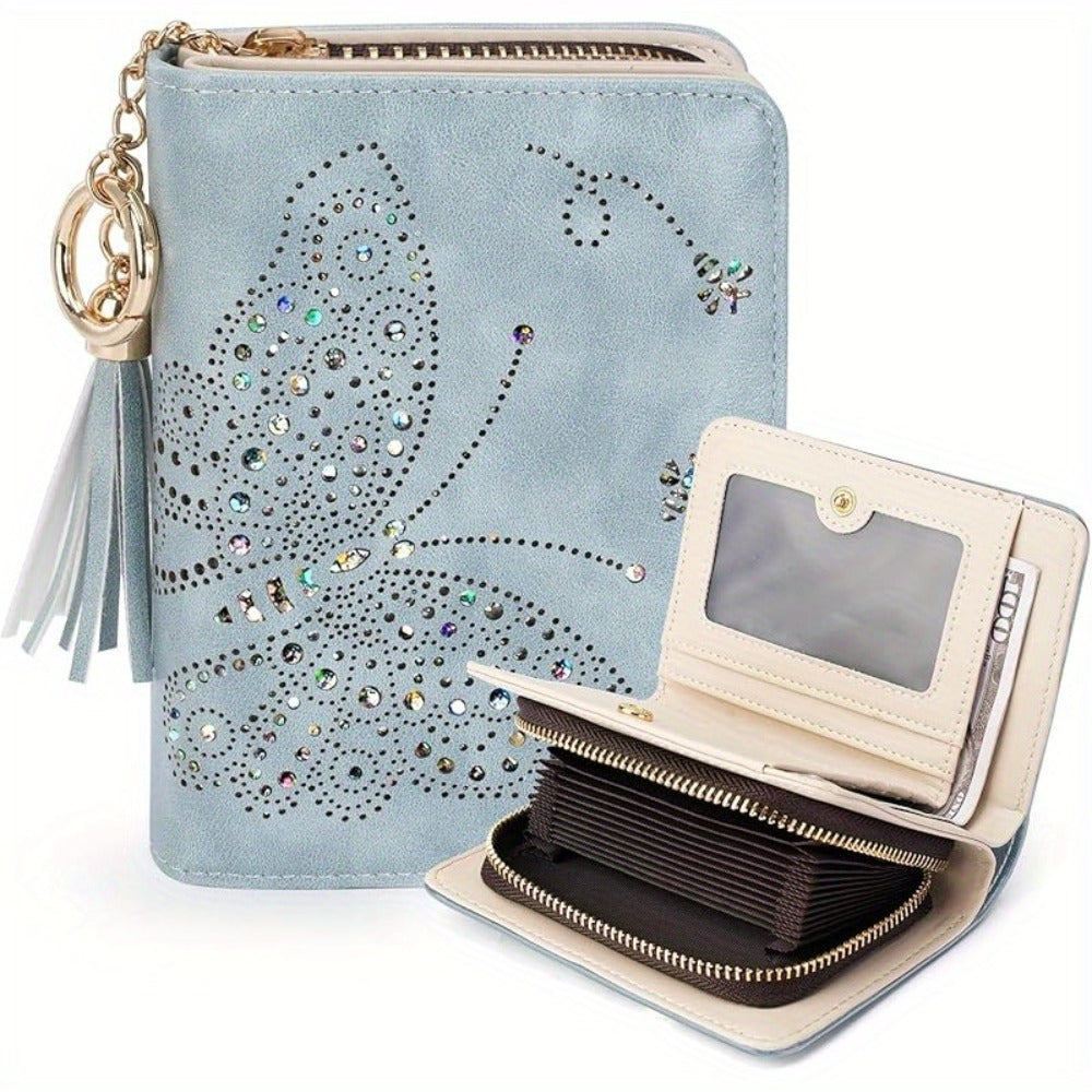 Wallet Women RFID Blocking Small Wallets With Cash Clutch Compact Bifold With Zipper Coin Pocket Ladies Credit Card Holder Glittery Butterfly Travel Purse With Tassel GREEN Mom Gift Tote Essential Daily