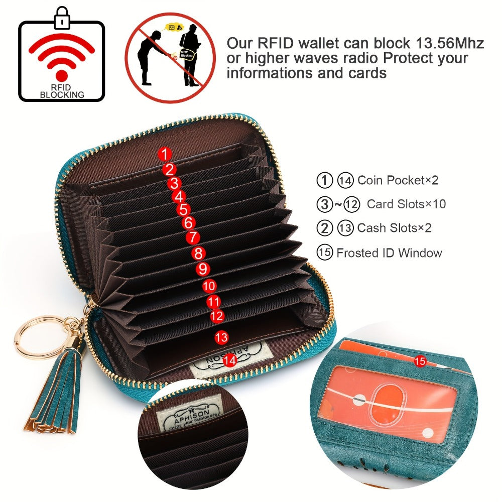 Halloween RFID Credit Card Holder Sunflower Style Zipper Card Case Small Wallets for Women Ladies Gift, 10 Card Slots, 2 Cash Slots, 2 Small Coin Slots, 1 Clear Frosted Touch ID Window Mothers Day Gift Crossbody