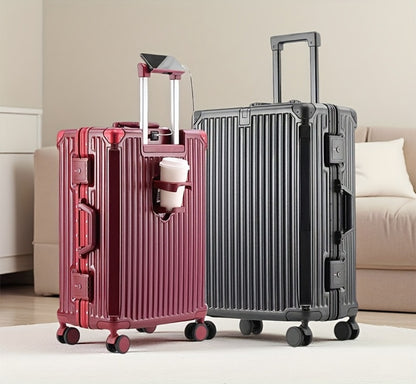Multifunctional Aluminum Alloy Frame Suitcase, ABS+PC Material Suitcase, Scratch-resistant And Wear-resistant. Foldable Cup Holder And Side Stand Foot Hook, TSA Customs Password Lock. Universal Wheel, Internal Compartment And Compression Belt Design