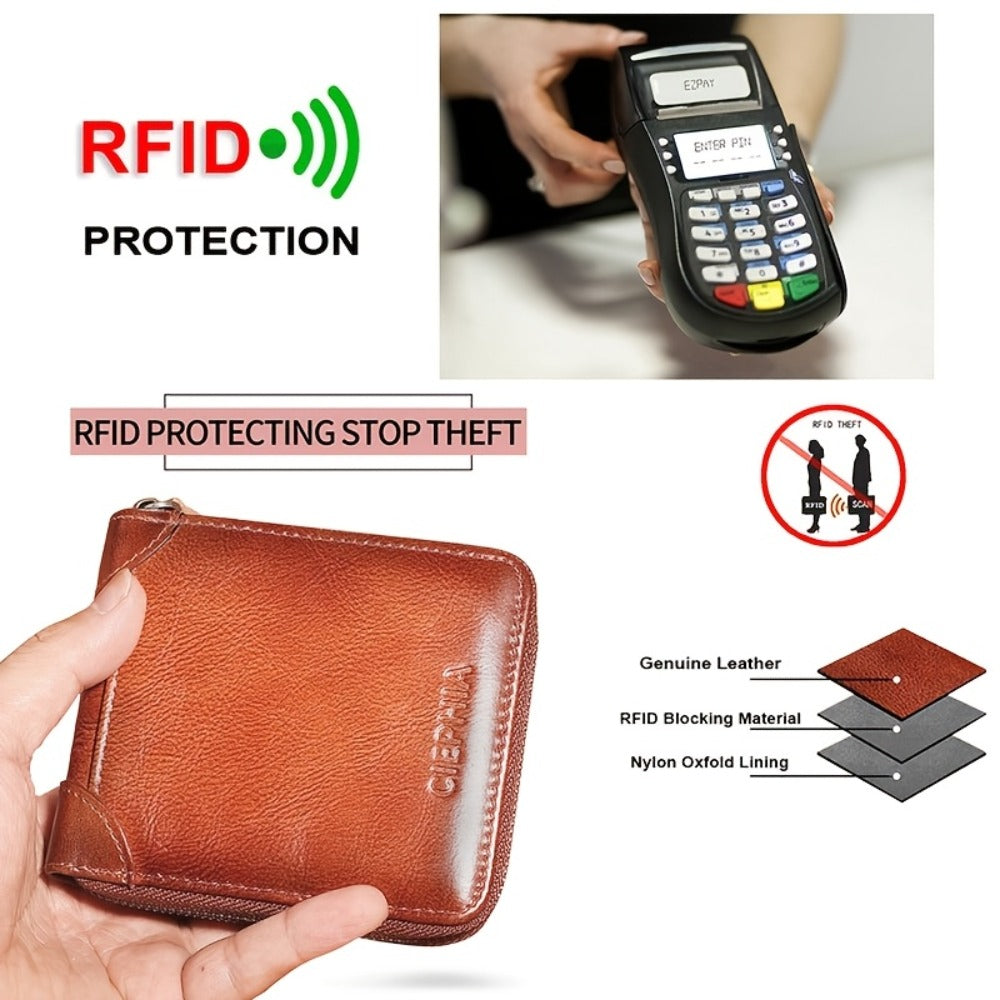 Cierhia Vintage Men'S Top Layer Cowhide Wallet with RFID Blocking Protection - Slim Brown Clutch with Zipper, Multi-Function ID & Credit Card Holder, Coin Pocket - Ideal Gift for Him, Short Wallet
