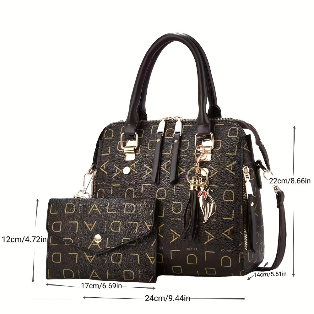 Fashion Alphabet Printed Handbag 2pcs Clash Color Crossbody Casual Work Ladies Bag Tassel Charm Gift Women's Bag Set