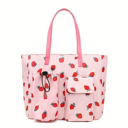 Nylon Fashionable Multi Pocket Water Cup Bag, Gym Bag, Tropical Ethnic Style Cute Strawberry Printed Large Capacity Women'S Tote Shoulder Bag Commuter Bag, Dry Wet Separation Lightweight Handbag, Suitable For Travel, School, Shopping, Dating, Beach