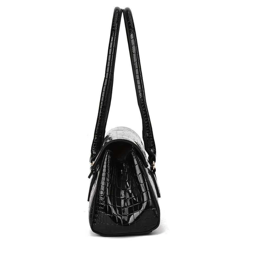 Women's Handbag, Shoulder Bag, and Tote Bag with High-Gloss Crocodile-Embossed Textured Pattern, Randomly Cut, Shoulder Bag, Crossbody Bag, Tote Bag with Metal Round Lock Clasp