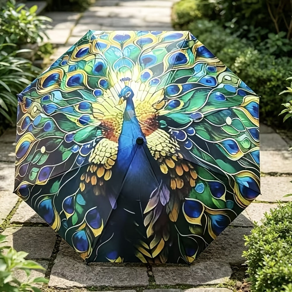 A Folding Umbrella With A Peacock Feather Design - A Lightweight, Retractable Travel Umbrella With A Sturdy 8-rib Frame, Available In Blue, Green, Golden, Purple, Black, Yellow, And Brown. An Elegant Outdoor Umbrella For Both Men And Women.