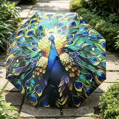 A Folding Umbrella With A Peacock Feather Design - A Lightweight, Retractable Travel Umbrella With A Sturdy 8-rib Frame, Available In Blue, Green, Golden, Purple, Black, Yellow, And Brown. An Elegant Outdoor Umbrella For Both Men And Women.