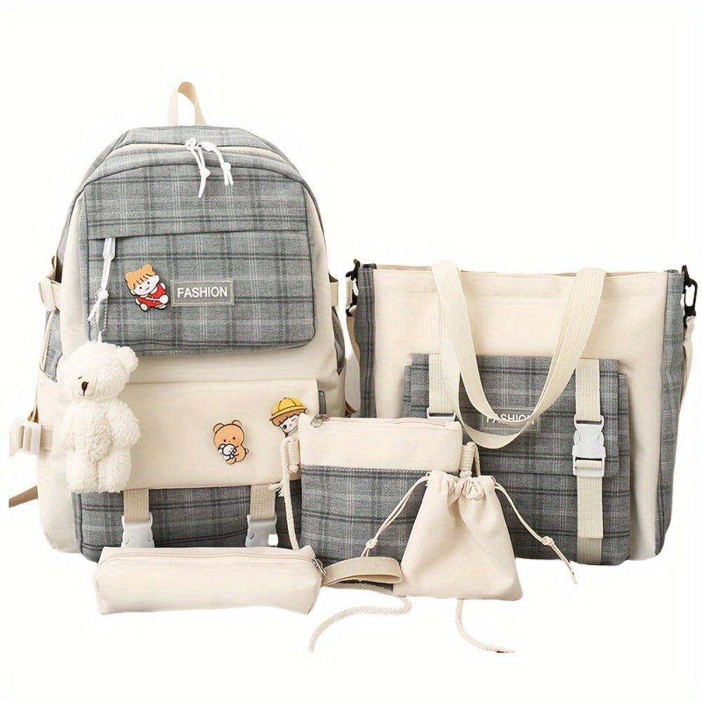 Cute Plaid Cartoon Canvas Five-Piece School Bag, Large Capacity Casual Simple Backpack, Women's Travel Bag Cosmetic Bag, for Girls And Women, Suitable Stationery Bag, Women's Wallet, Women's Crossbody Bag, Women's Hand Bag