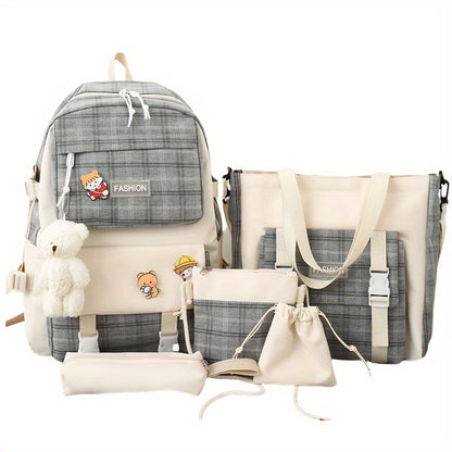 Cute Plaid Cartoon Canvas Five-Piece School Bag, Large Capacity Casual Simple Backpack, Women's Travel Bag Cosmetic Bag, for Girls And Women, Suitable Stationery Bag, Women's Wallet, Women's Crossbody Bag, Women's Hand Bag