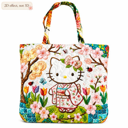 [Gift for Women] (Official Authorization) Sanrio Hello Kitty Quilted Tote Bag, Cute Floral Kimono Style Large Capacity Shoulder Handbag, Kawaii Reusable Tote for School, Travel, Shopping, Gift for Women Flat 2D Effect