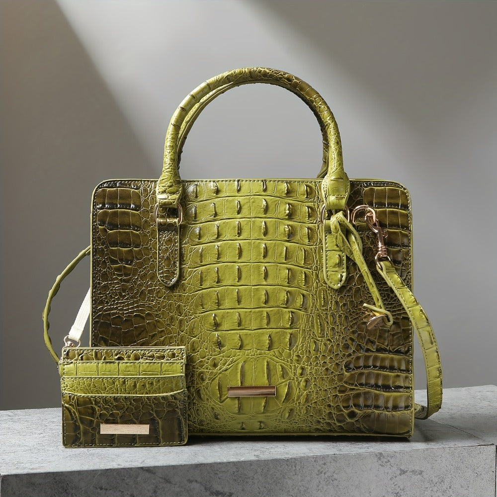 Set of 2pcs Featuring a Crocodile Pattern in Faux Leather, with a Roomy Interior, a Trendy Shoulder Strap, And a Fashionable Clutch Purse. This Stylish Accessory Is Perfect for Work, Everyday Use, And Special Events - Made with Premium Quality