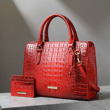 Set of 2pcs Featuring a Crocodile Pattern in Faux Leather, with a Roomy Interior, a Trendy Shoulder Strap, And a Fashionable Clutch Purse. This Stylish Accessory Is Perfect for Work, Everyday Use, And Special Events - Made with Premium Quality