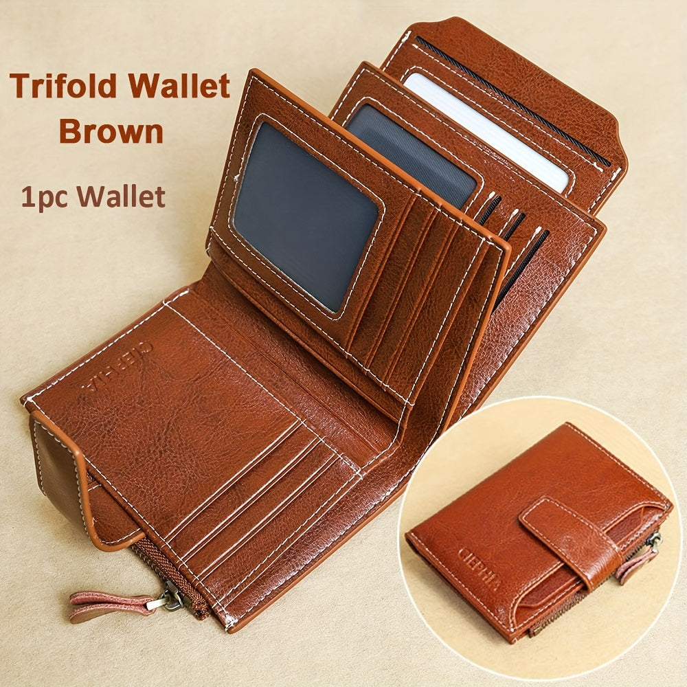 Solid Color Genuine Leather Compact Trifold Wallet With Rfid Blocking, Detachable Id Window & Multi-Card Slots