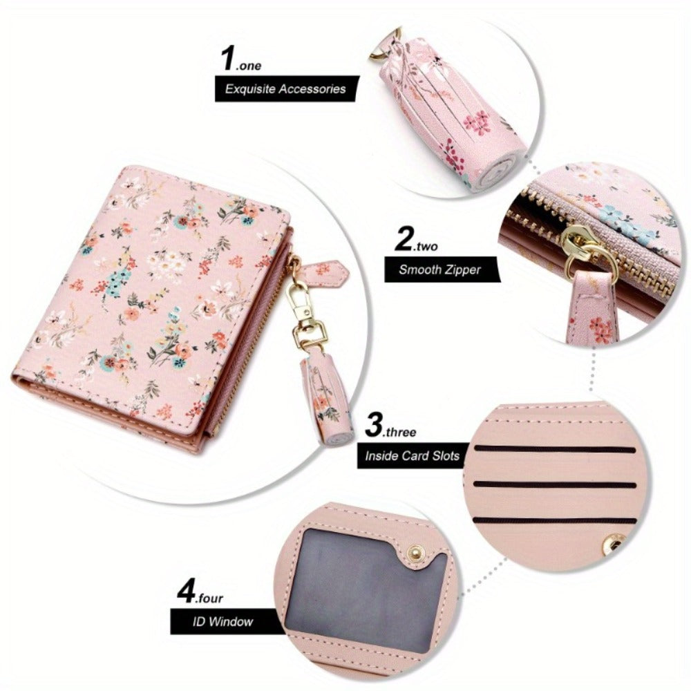 Slim Bifold Wallet for with Tassel Keychain - 9 Card Slots & Zipper Pocket, Compact ID Holder for Everyday Use Or Party Accessories - Perfect Gift for Her, Cute Wallet, Stylish Accessory, Durable Polyester Lining Suitable for Teens, Coin Purse