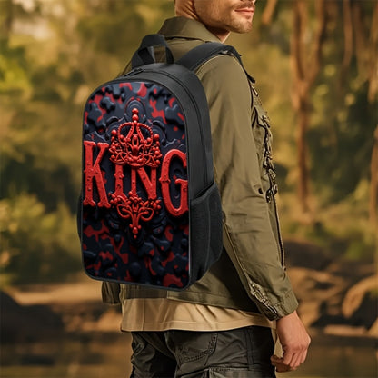 1 Summer Printed Men's Backpack - "KING" Design, Bright Red and Black Blocks, Cool and Practical, Suitable for Students and Young Professionals, Casual Day Backpack | Backpack, Valentine's Day Gift