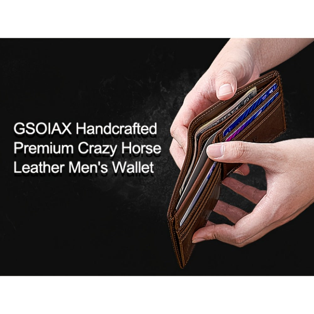 Handcrafted Vintage Bifold Wallet for Men - GSOIAX Premium Crazy Horse Faux Leather | 11 Card Slots + 2 ID Compartments + 2 Cash Sections | RFID Protection | Perfect Gift