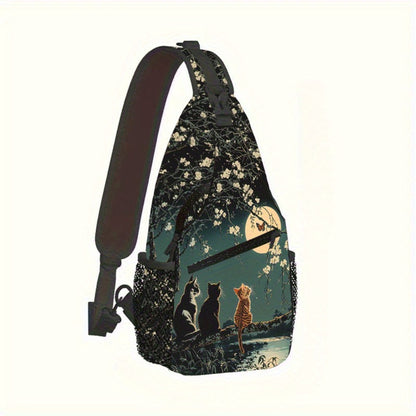 Blue Lake Cat Design Full Printed Chest Bag, Unisex and Unisex, Suitable for Outdoor Sports and Travel, Adjustable Shoulder Strap, Zipper Closure, Lightweight and Fashionable Single Shoulder Crossbody Bag, Good Choice for Friends