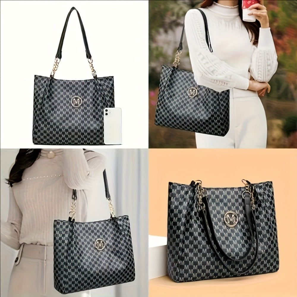 Stylish Handbag for Women Featuring a Golden Chain Shoulder Strap And an 'M' Emblem - Made of Synthetic, Available in Light Brown, White, And Black, with a Houndstooth Design, Zipper Closure, And Lining