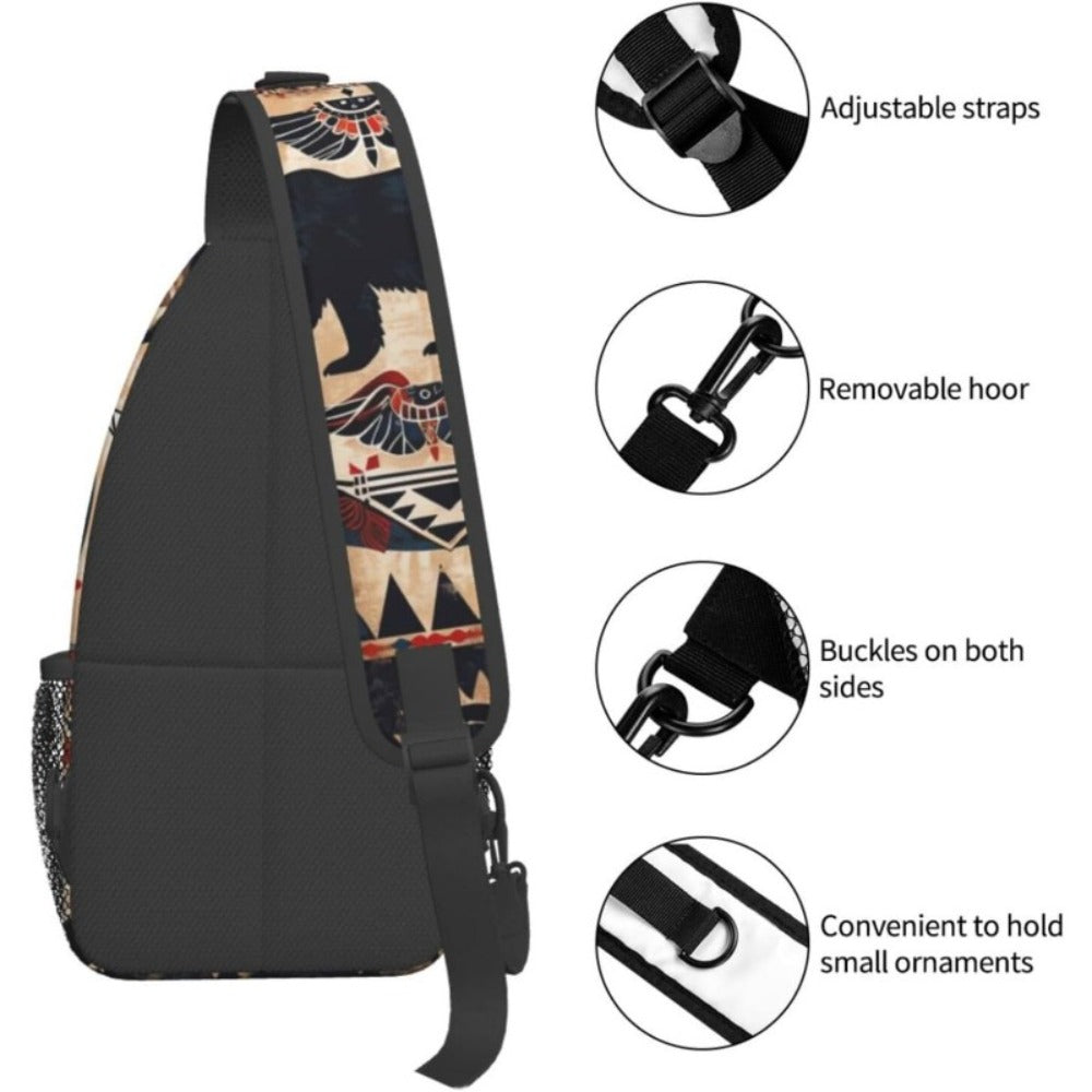 Native American Bear Tribal Print Men's Crossbody Chest Bag - Southwestern Style Belt Bag with Secure Zipper, Turquoise Accent & Bear Paw Design, Durable Multifunctional Waist Bag for Outdoor Travel,, Daily Use (Hand Washable)