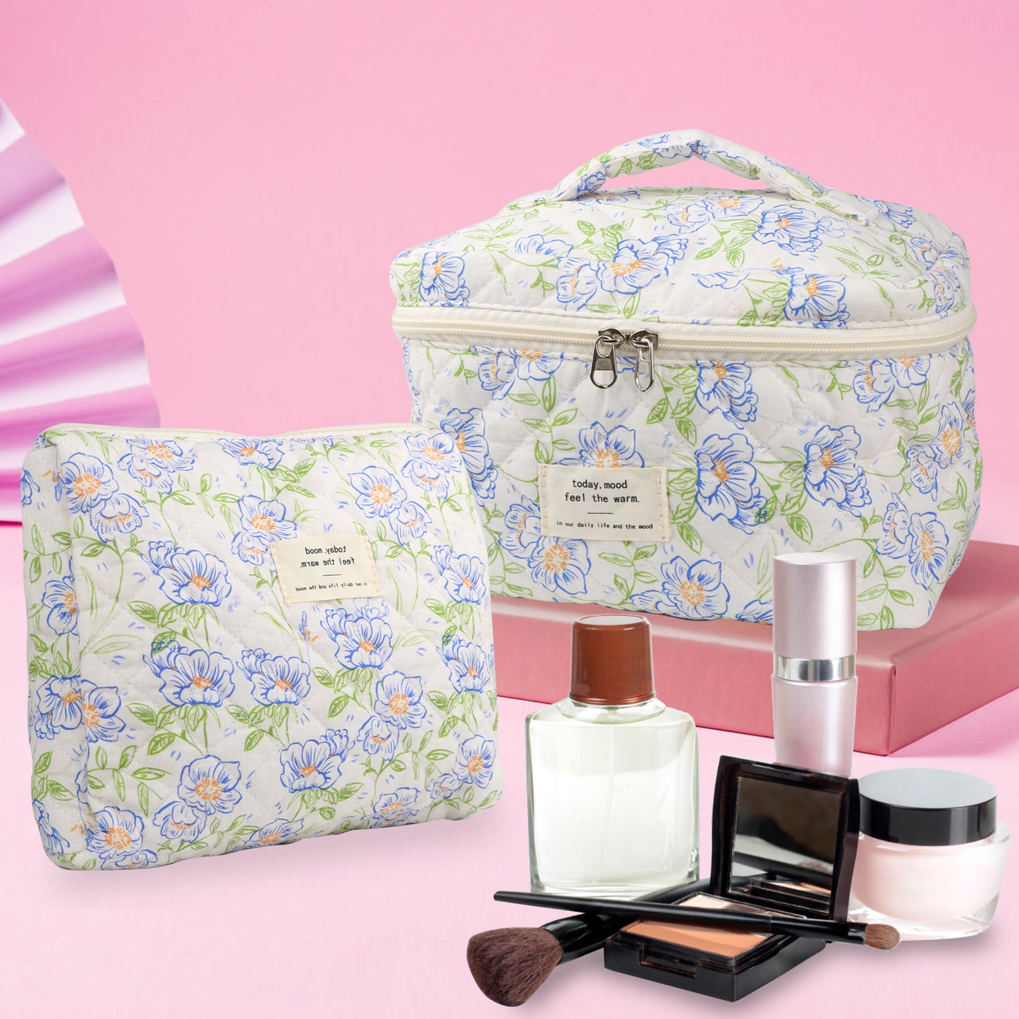 2 Pcs Cute Makeup Bag for Women, Travel Cosmetic Bags, Quilted Coquette Aesthetic Floral Toiletry Organizer Bag
