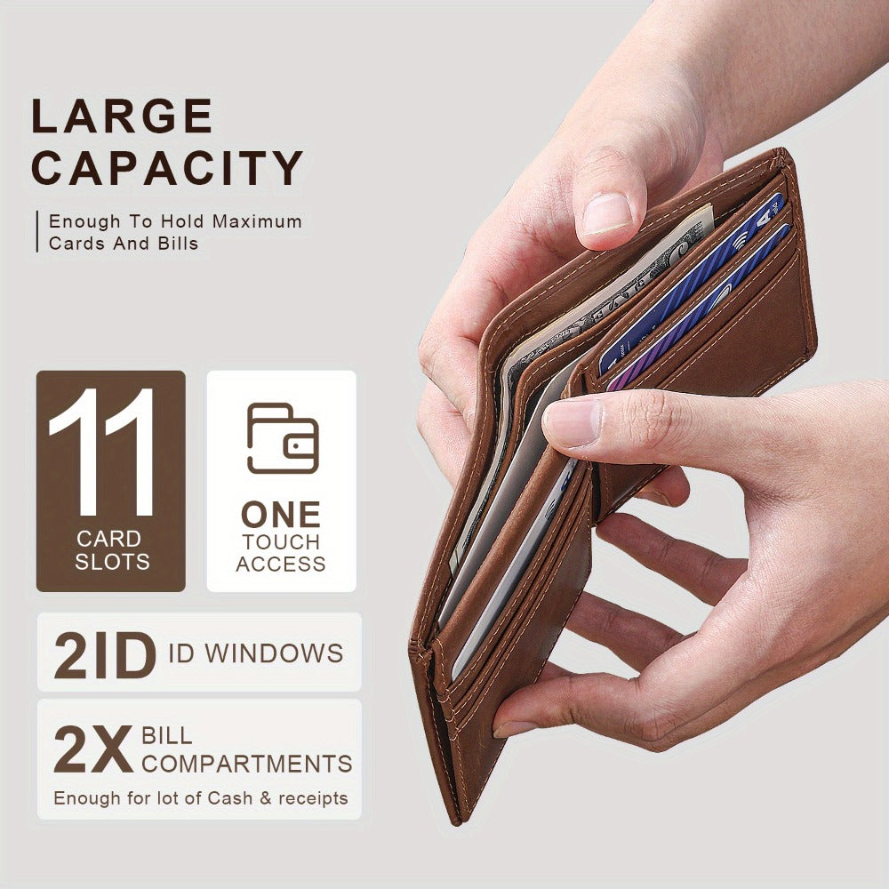 1pc Men's Genuine Leather Triple-fold Wallet, 11 Card Slots, 2 ID Windows, Holds More Than Twenty Banknotes, Suitable for Father's Day Gifts