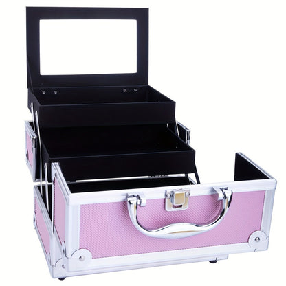 Aluminum Makeup Case - Train Case Jewelry Box Cosmetic Organizer with Mirror & Trays, Handheld Makeup Case with Handle