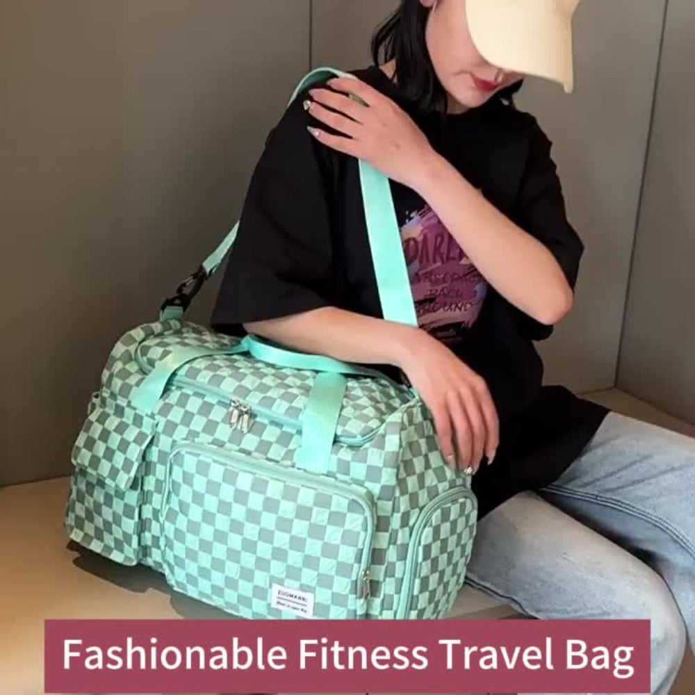 2pcs Checkered Travel Duffel Bag with Makeup Bag for Women Fordable Gym Bag Carry On Weekender Bag with Shoe Compartment