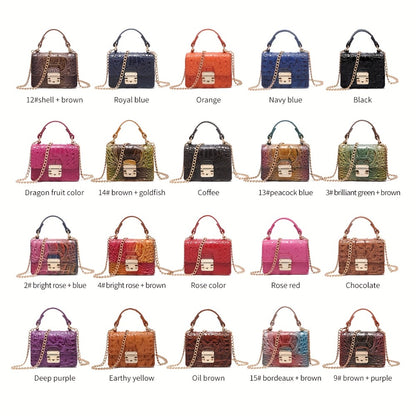 Stylish Crocodile Print Shoulder Bag for Women - Vibrant Pink Gradient Design with Golden-Tone Hardware, Detachable Chain Strap & Black Handles