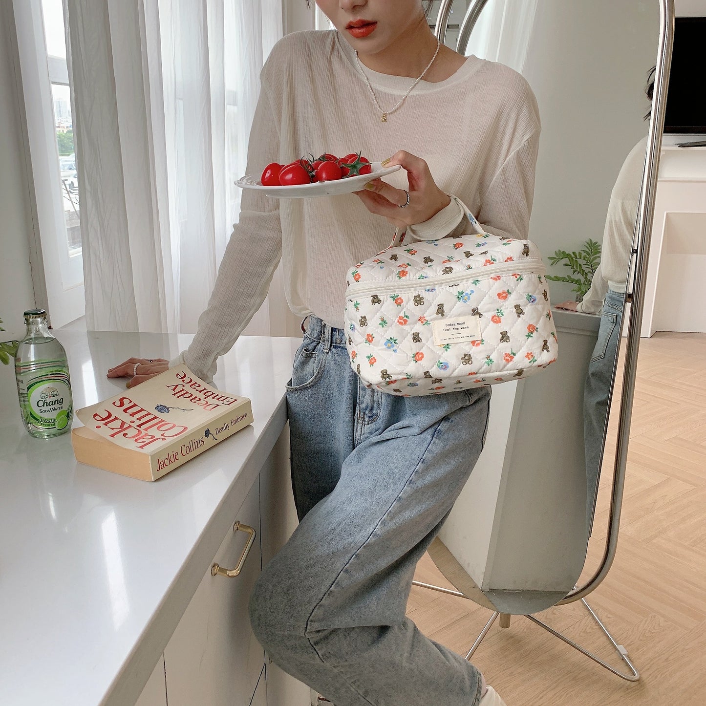 2 Pcs Cute Makeup Bag for Women, Travel Cosmetic Bags, Quilted Coquette Aesthetic Floral Toiletry Organizer Bag