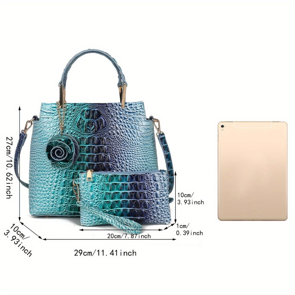 Women'S 2pcs Handbag Set Featuring Crocodile Design, Chic Faux Leather Tote Accompanied by a Coordinating Clutch And Wallet, Retro Style Crossbody Bag