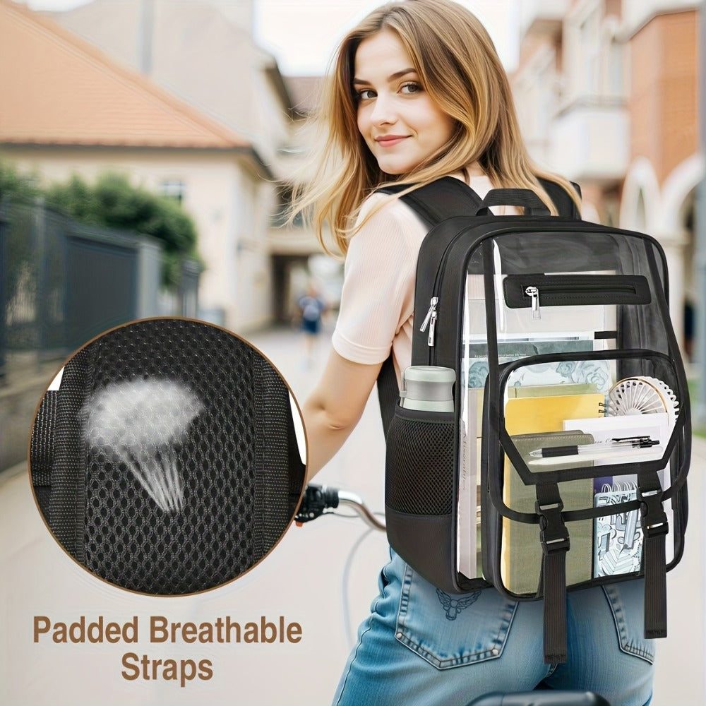 Heavy Duty Clear Backpack, Fabric And PVC Transparent Bookbag for School, See-Through Design with Reinforced Straps - Unisex Large Capacity Clear Bag for College, Travel And Security Checks