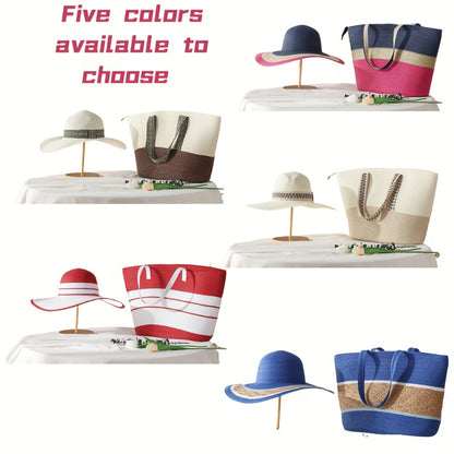 2026 Summer Travel Set: 2pcs Wide Brim Straw Hat And Large Capacity Beach Bag with Zipper Closure, Perfect for Summer Outdoor Adventures, Camping, And Beach Vacation, Game Day Essentials for All Football Fans