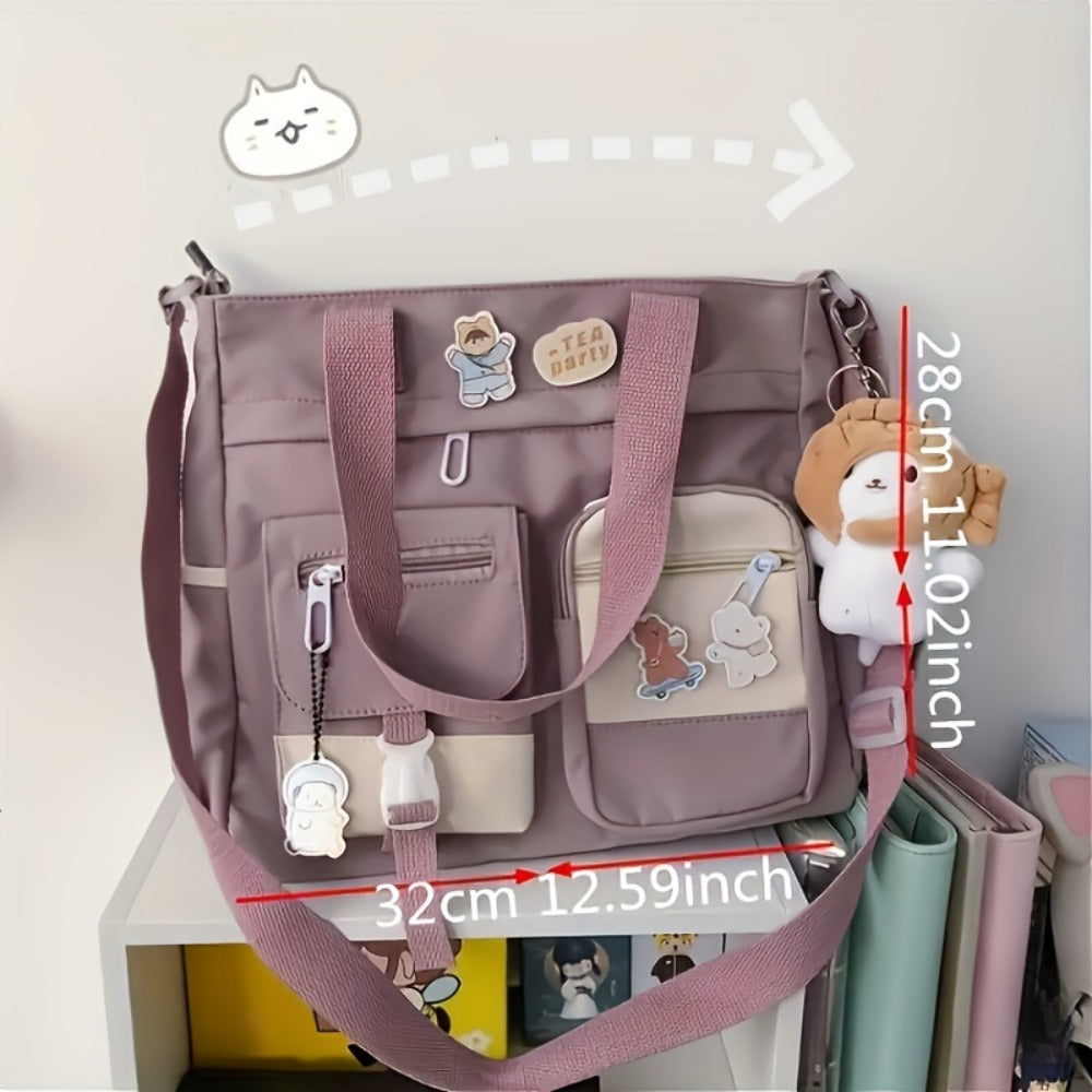 Artistic Girl Large Capacity Shoulder Bag, Versatile Student Contrast Color Messenger Bag, Portable Canvas Bag