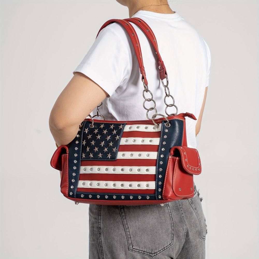American Flag USA Stars And Stripes Patriotic Faux Leather Purse Women Rhinestone Country Handbag Wallet Set Red White And Blue