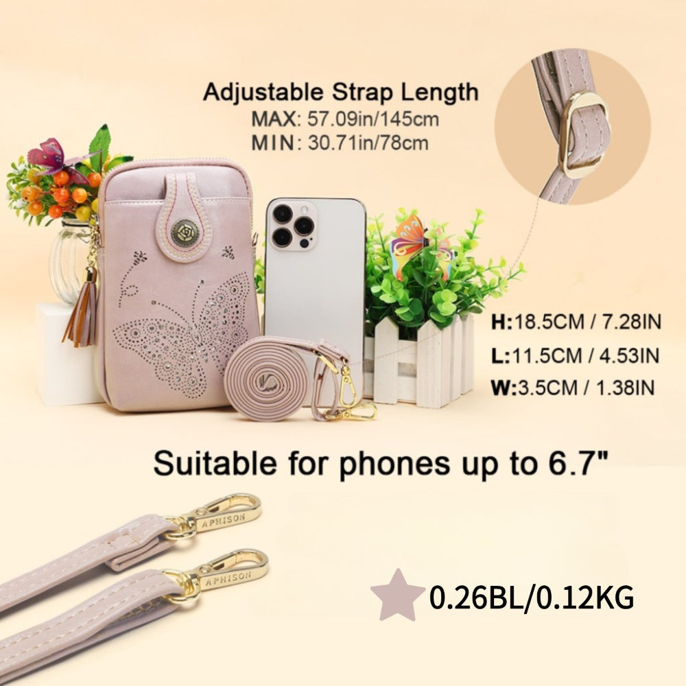 Small Crossbody Bags For Women | Lightweight Mini Cute Cell Phone Purse With Tassel Shining Butterfly, Zipper Closure, Lining, Animal Print For Mom Gift Essential