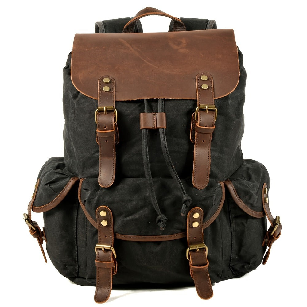 Vintage Men'S Leather Backpack, Waxed Canvas Shoulder Bag for Travel, Casual Laptop Bag, Suitable for Both And .