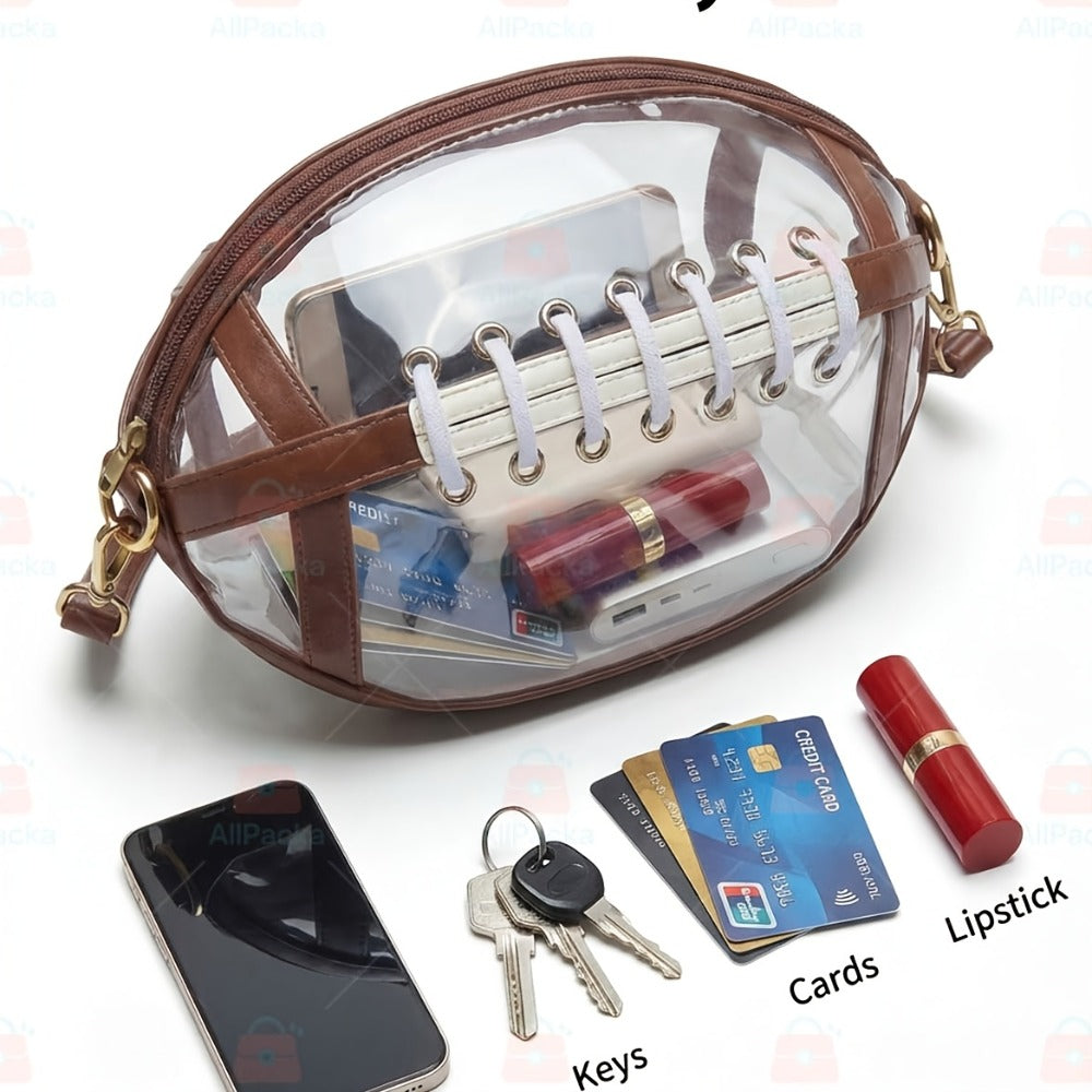 2026 New Stadium Approved Clear PVC Crossbody Bag Ideal For Concerts, Sports, And Outdoor Events Durable And Easy To Clean Features Front Zipper Pocket And Mesh Side Pockets.