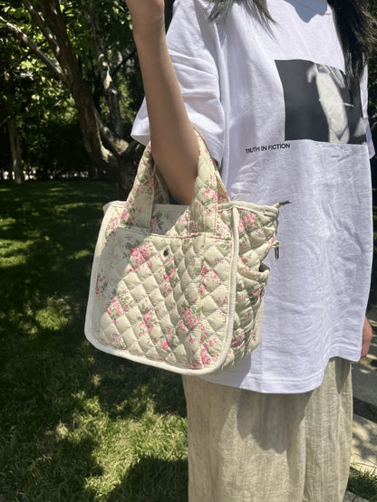 Floral Quilted Tote Bag for Women, Cute Crossbody Shoulder Purse with Pockets, Everyday Handbags