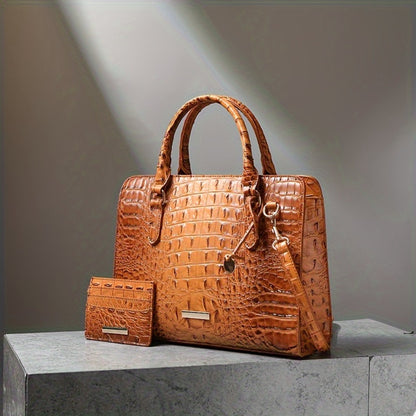 Set of 2pcs Featuring a Crocodile Pattern in Faux Leather, with a Roomy Interior, a Trendy Shoulder Strap, And a Fashionable Clutch Purse. This Stylish Accessory Is Perfect for Work, Everyday Use, And Special Events - Made with Premium Quality