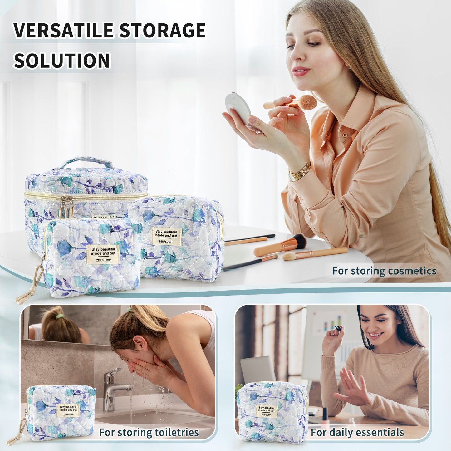 Cute Quilted Floral Makeup Bag (3Pcs)Coquette Aesthetic Cosmetic BagTravel Toiletry Bags Kawaii Aesthetic pouch for Women