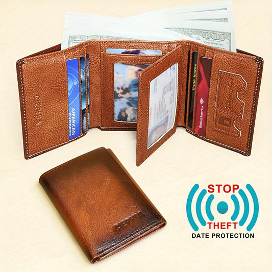 Men'S Leather Tri-Fold Wallet, Premium Cowhide Vintage Wallet, Wallet with Multiple Card Slots