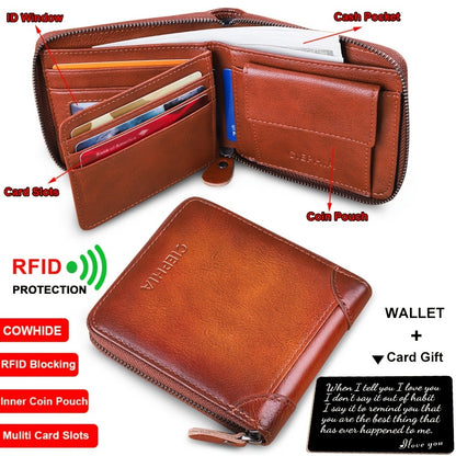 Men'S Genuine Leather Zipper Wallet RFID Secure Large Capacity Double Fold Multi-Card Top Layer Leather Wallets for Men And Coin Purse Christmas Father'S Day/Valentine'S Day/Anniversary Gift The Set Includes a Greeting Card