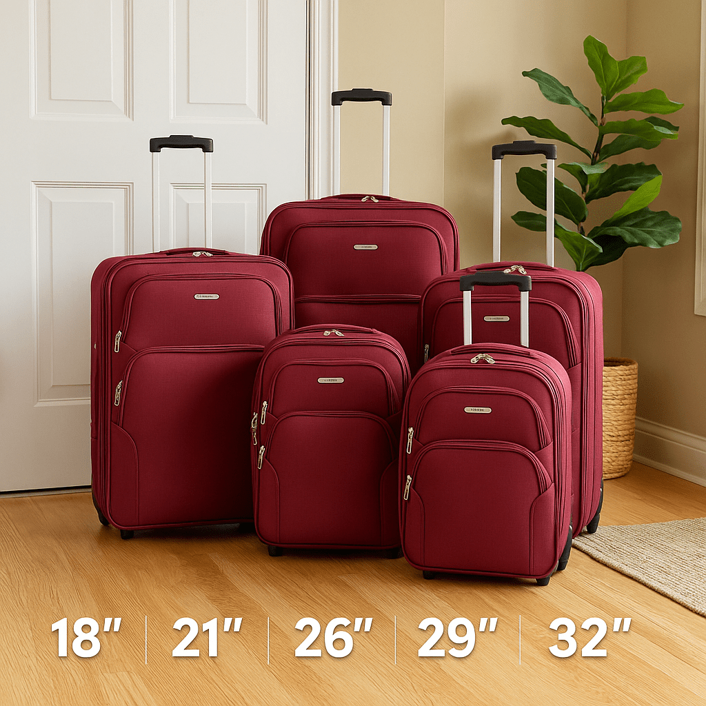 5-Piece Lightweight Softside Luggage Set – 2-Wheel Expandable Rolling Suitcases with Telescopic Handle – Durable Travel Case Set in Multiple Sizes – Inline Wheels & Zipper Compartments – Ideal for Business, Family Travel, Weekend Trips – Black, Red, Brown